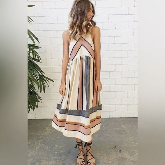 Free People Dresses & Skirts - Free People Striped Bloom Dress Size XS Ivory Natural Textured Apron Midi